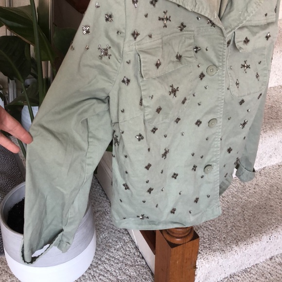 Chicos Green Boho Beaded Button Down Moto Jacket - Picture 5 of 10